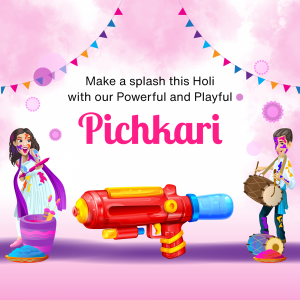 Colorful Holi Pichkari advertisement with people celebrating