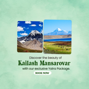 Scenic views of Mount Kailash and Lake Mansarovar with travel package promotion