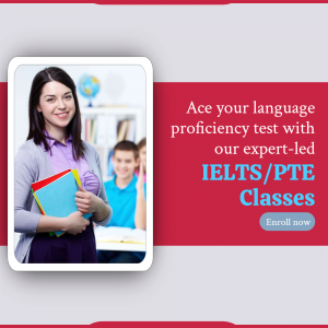 Image of a student holding books with text promoting IELTS/PTE classes.