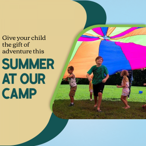 Children playing under a colorful parachute at summer camp.