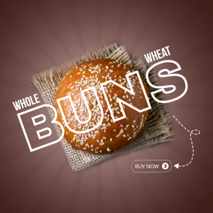 Close-up of a sesame seed whole wheat bun on burlap with text overlay.