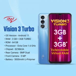 itel Vision 3 Turbo smartphone with 3GB RAM and 64GB storage
