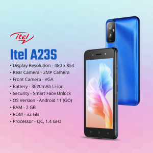 Itel A23S smartphone with key specifications listed