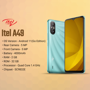 Itel A49 smartphone with specifications listed
