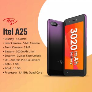 Itel A25 smartphone with key features highlighted