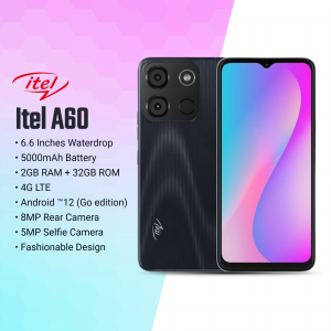 itel A60 smartphone with key specifications displayed
