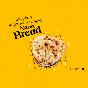 Close-up of Naan bread with text 'Soft. pillowy. and perfect for scooping Naan Bread' and a 'Buy Now' button.