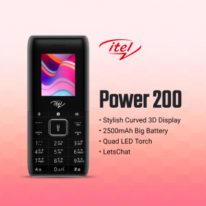 Itel Power 200 black feature phone with a curved display and quad LED torch.