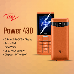 itel Power 430 mobile phone with red back cover and lightning bolt display