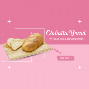 Close-up of a Ciabatta bread loaf with sliced pieces on a wooden board, with a pink background and call to action button.