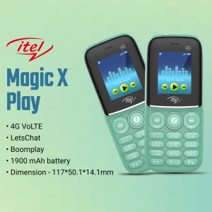 Two itel Magic X Play feature phones displayed with product features listed.