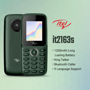 Dark green itel it2163s feature phone with a small display and physical keypad.