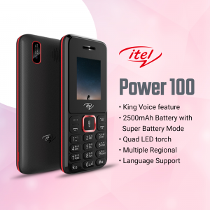 itel Power 100 mobile phone with key features highlighted