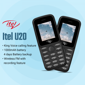 Two Itel U20 feature phones displaying a sky image