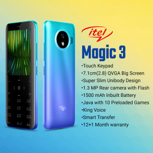 itel Magic 3 mobile phone with blue and black color options