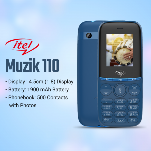 Blue itel Muzik 110 feature phone with a display showing a musical instrument.