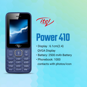 Blue itel Power 410 mobile phone with specifications