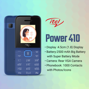 itel Power 410 mobile phone with a portrait of a woman on the screen