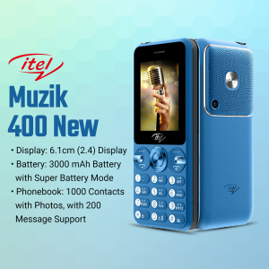 Blue itel Muzik 400 New mobile phone with a microphone on the screen