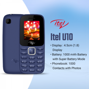 Itel U10 blue feature phone with display showing lights