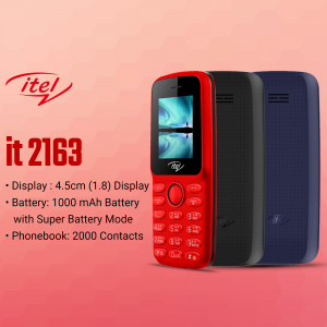 Three itel it2163 feature phones in red, black, and blue