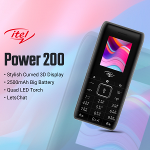 itel Power 200 black feature phone with curved display
