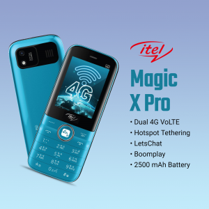 itel Magic X Pro 4G mobile phone with blue color and features listed