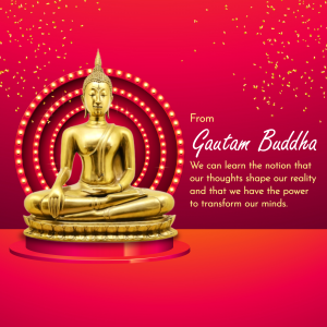 Golden Buddha statue with a red and white light background and inspirational quote.