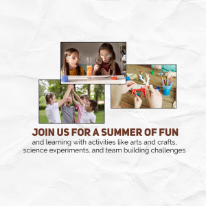 Collage of children enjoying summer activities like science experiments, arts and crafts, and team building.