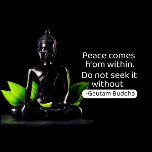 Black Buddha statue with a quote about inner peace