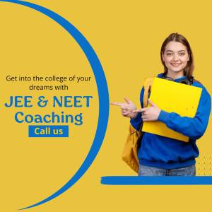 A young woman pointing towards text promoting JEE & NEET coaching.