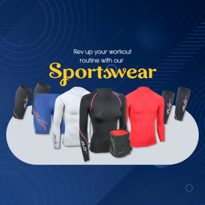 Display of various sportswear items including compression shirts and leggings.