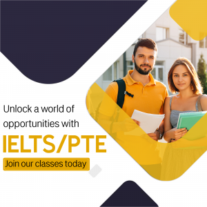 Two students with IELTS/PTE promotional text