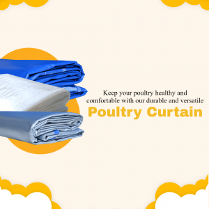 Stacked poultry curtains in blue, white, and gray with promotional text.
