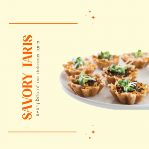 Close-up of savory tarts on a white plate with orange decorative elements.