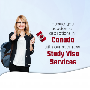 Woman with Canadian flag and backpack promoting study visa services