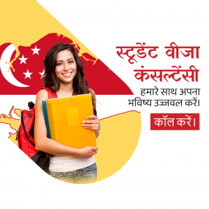 Young woman with backpack and books in front of New Zealand and Singapore flags, promoting student visa consultation.