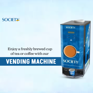 Society vending machine dispensing a cup of coffee