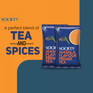 Two packets of Society Masala Tea Premix against a vibrant orange and teal background.