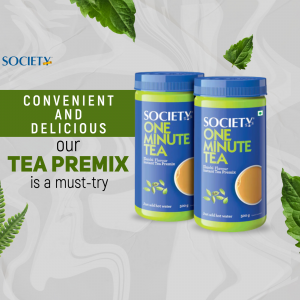 Two jars of Society One Minute Tea Premix with green leaves