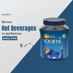 Jar of Society Hot Beverages with steaming cup illustration