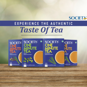 Image of Society One Minute Tea boxes with a cup of tea