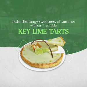 Close-up of a Key Lime Tart with a slice removed, garnished with lime slices.