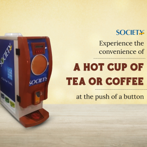 A white and orange Society branded vending machine dispensing a cup of coffee or tea.