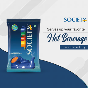 Society Hot Beverage Mix packaging with a cup and saucer