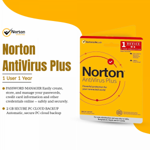 Norton Antivirus Plus packaging with 1 User 1 Year subscription details.