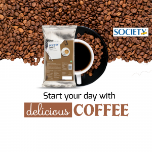 Society Coffee product shot with coffee beans and a cup of coffee