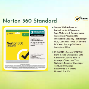 Norton 360 Standard software package with features listed.