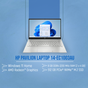 HP Pavilion Laptop 14-EC1003AU with Windows 11 displayed on screen
