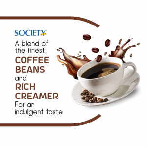 A promotional image for Society Coffee featuring a cup of coffee with coffee beans and creamer splash.